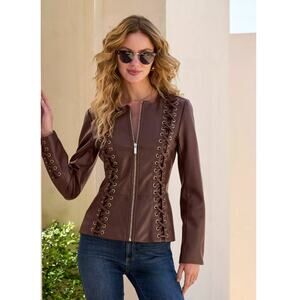 Boston Proper faux leather brown lace up grommet peplum jacket size XS